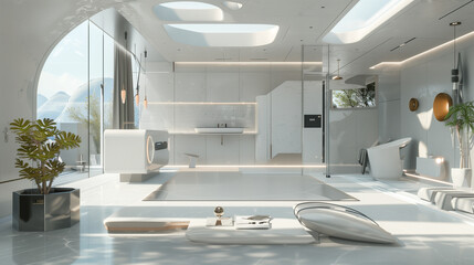 Futuristic smart home interior with AI-controlled environments, personalized comfort settings, and integrated security. Advanced home automation for enhanced living experience and safety.