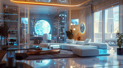 Futuristic smart home interior with AI-controlled environments, personalized comfort settings, and integrated security. Advanced home automation for enhanced living experience and safety.