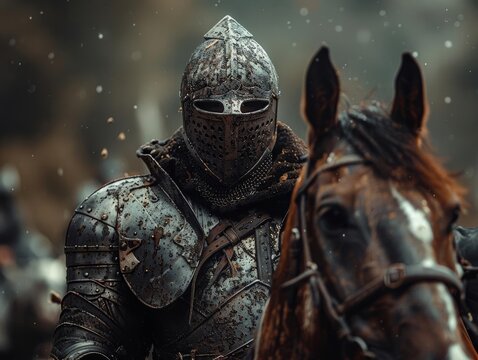 High-Detail Closeup of Medieval Knight in Armor, Riding a Horse, Showcasing Honor and Valor, Photorealistic, Intense Action