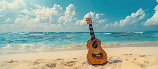 Copy space image of ukulele on a stunning summer beach scene