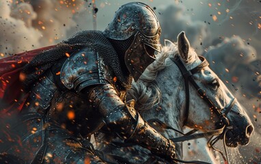 Closeup of Medieval Knight in Armor, Riding a Horse, Showcasing Honor and Valor, Intense Action, High Detail