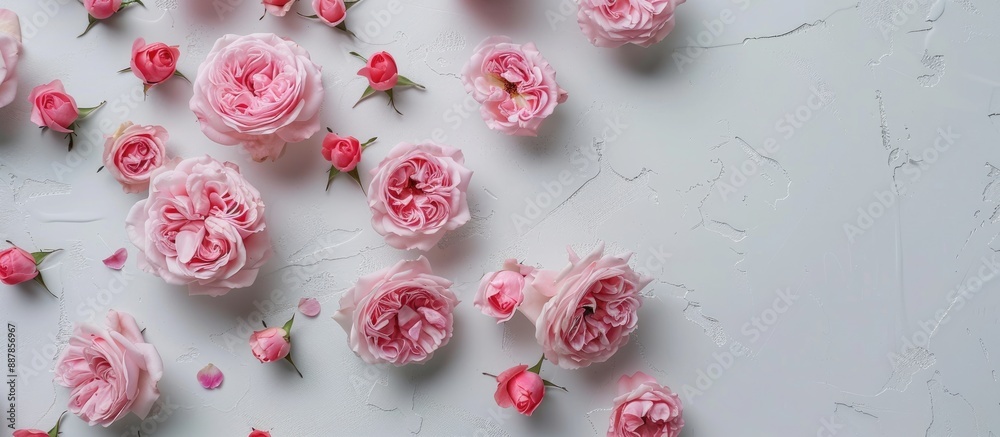 Poster top view flat lay of a festive pink english rose arrangement on a white surface for celebratory occa