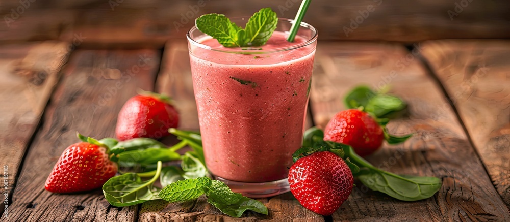 Fototapete spinach and strawberry smoothie topped with fresh mint leaves on a wooden rustic table with a blank 