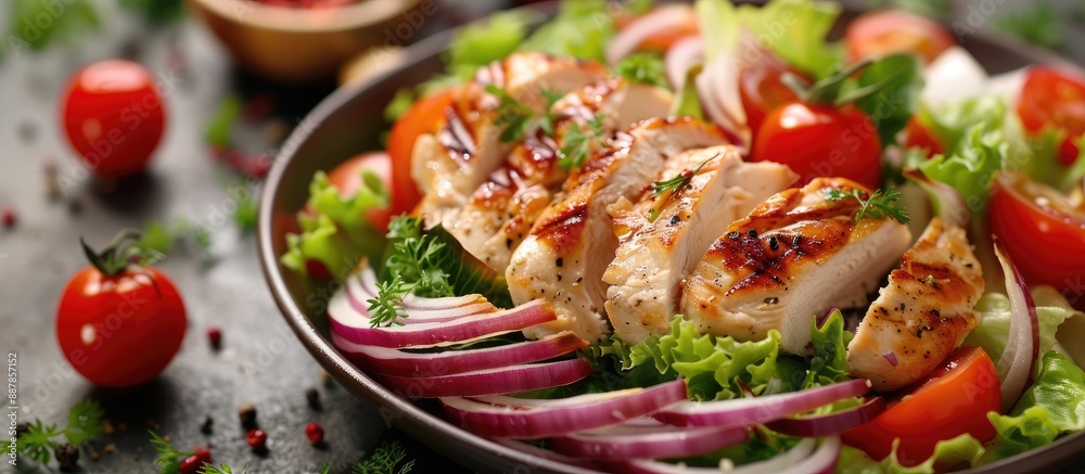 Leinwandbilder fresh chicken breast salad with a mix of tomatoes onions and lettuce served on a table with a food b