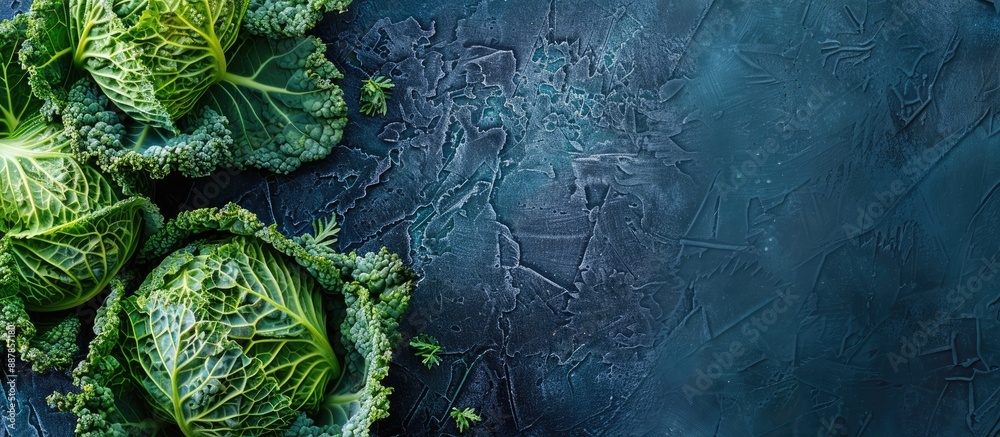 Aufkleber savoy cabbage leaves on a blue backdrop with copy space image