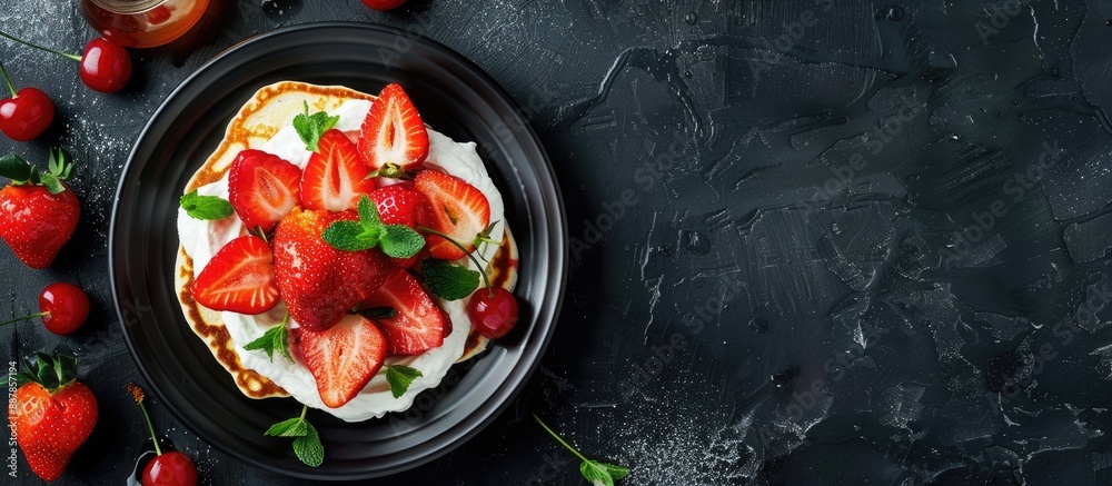 Aufkleber plate with pancakes topped with strawberries cream mint honey and cherry on dark black background wi