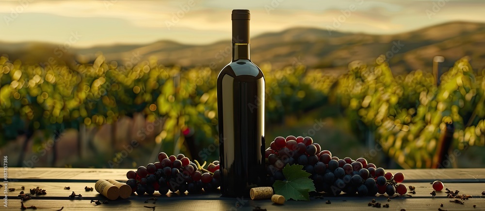 Poster a chilean wine bottle stands on a table with grapes a glass cork and a scenic aerial viewpoint for a