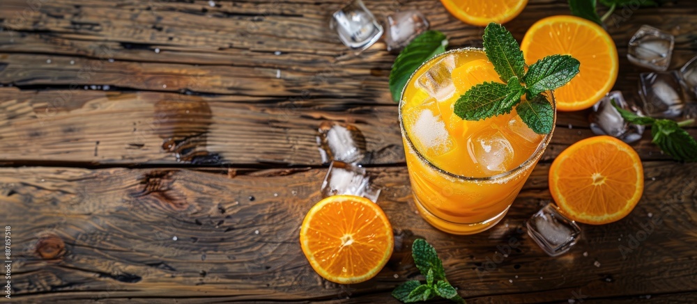 Aufkleber copy space image of a refreshing cocktail with fresh orange juice placed on a rustic wooden surface