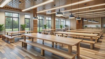 Long wooden tables with benches and chairs arranged spaciously in a modern institutional dining area with bright overhead lighting and calm atmosphere.