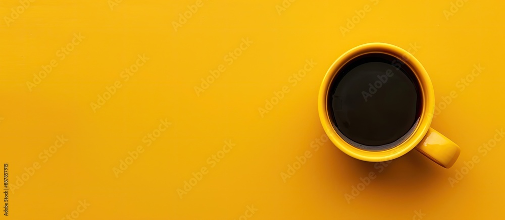 Aufkleber invigorating drink in a yellow mug filled with black coffee on a yellow background in a flat lay cop