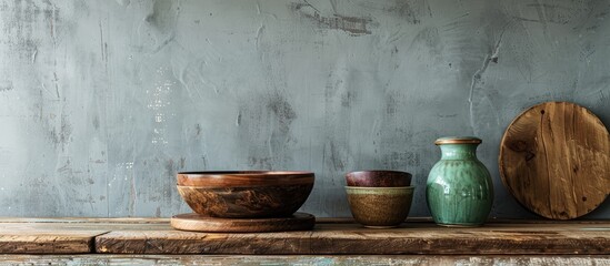 Rustic wooden table with kitchenware including a brown wooden bowl and green jar displayed against a shabby grey wall with a cutting board all with a copy space image