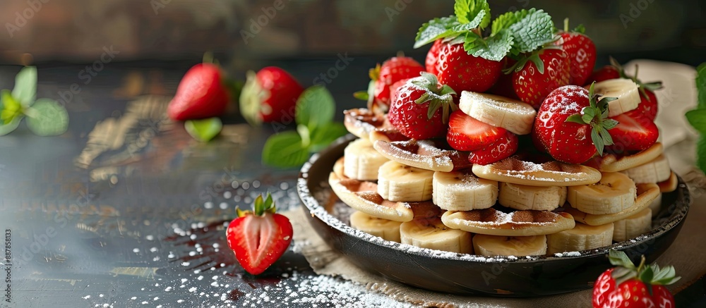 Poster Delicious wafer with a combination of cocoa strawberry and banana excellent for a dessert displayed in a copy space image