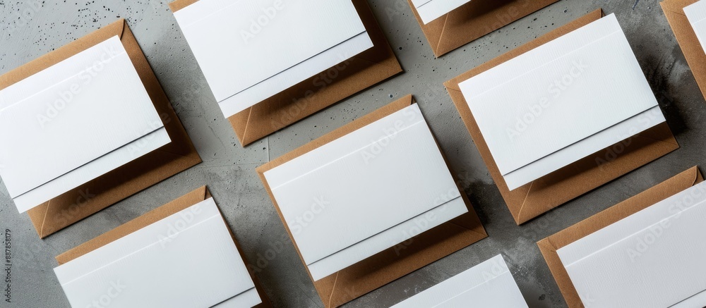 Aufkleber business cards in brown and white viewed from above with ample space for an image to be inserted