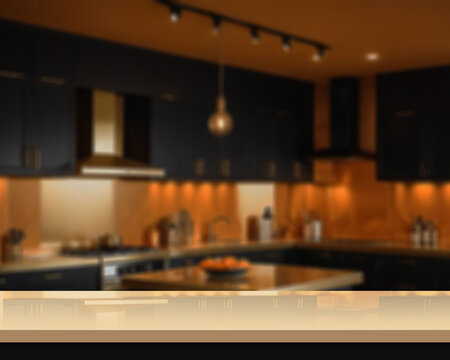 tabletop with blurred modern kitchen interior in the background