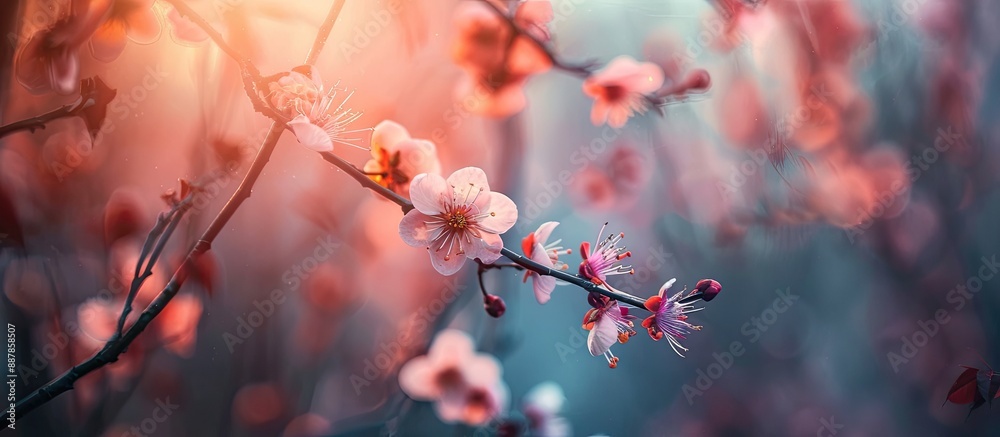 Wall mural plum blossoms at their peak blooming stage creating a captivating display in a copy space image