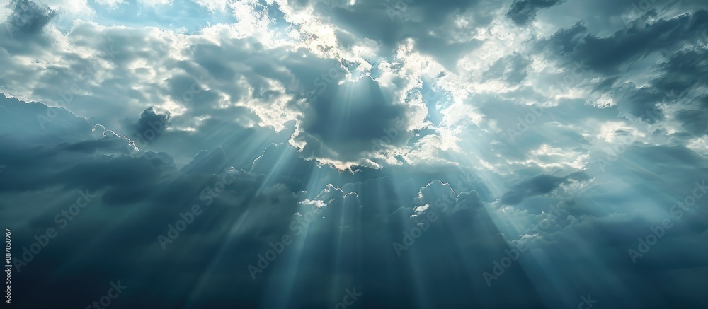 Poster The sun shining through dark clouds creating a beautiful silhouette with a copy space image
