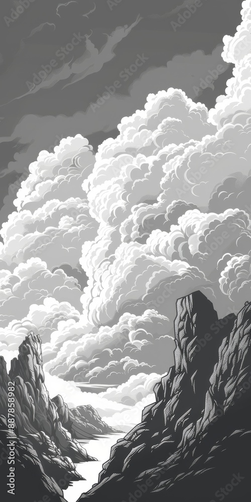 Poster a modern and minimalist SVG of a cloudy storm over a mountain range, it is in grayscale