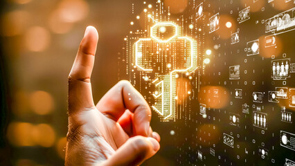Digital transformation symbolized by a hand grasping a key with integrated data visuals