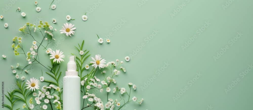 Aufkleber Flat lay arrangement featuring a cosmetic bottle and flowers on a green background emphasizing minimalism Includes copy space image
