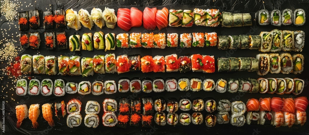 Poster A delightful variety of sushi rolls like Eel Maki and Philadelphia Roll displayed with a blank area for text in the image Top view showcases the sushi embodying Asian or Japanese culinary art