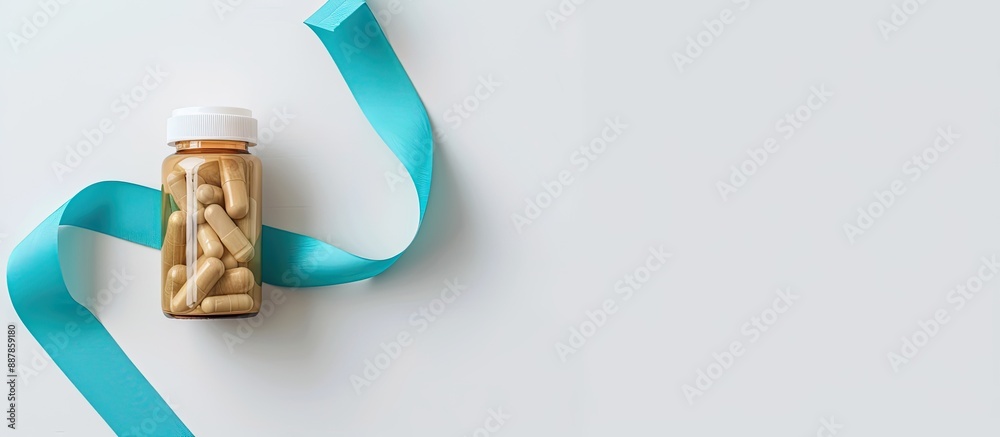 Poster a beige and brown pill bottle with cyan tape placed on a white background focusing on weight managem