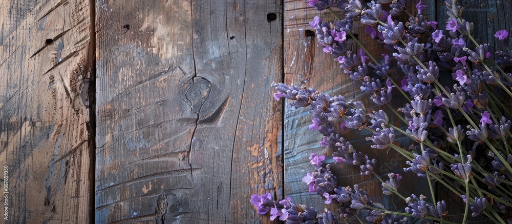 Aufkleber Selective focus on a lavender frame against a rustic wooden backdrop with empty space for text or image insertion. with copy space image. Place for adding text or design