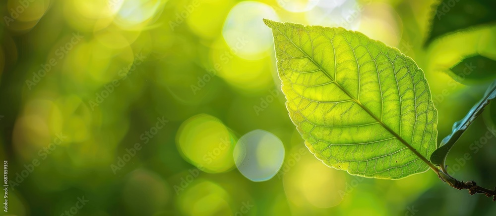Poster Green leaf in focus against a blurred green background in a garden setting providing a natural and fresh wallpaper concept with copy space image