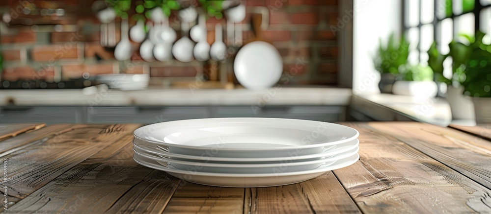 Poster Indoor scene with a fresh set of white dishes displayed on a wooden table creating an inviting atmosphere with visible copy space image