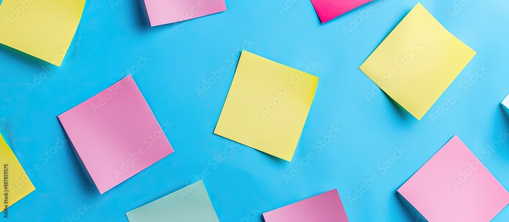 Aufkleber blue background with yellow and pink square blank paper stickers offering a copy space image
