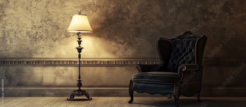 Poster An elegant interior setting featuring a lamp and a dark armchair with copy space image available