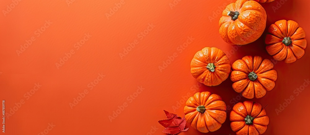 Aufkleber halloween themed pumpkin decorations on an orange paper backdrop with a flat lay and top view for a 