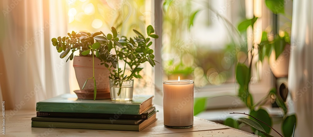 Poster Houseplants candles and books on a table with a light background showcasing a serene arrangement for a copy space image