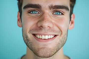 Obraz premium close-up of handsome man with light eyes who is very cool and neat but he is missing one tooth, pale blue background 