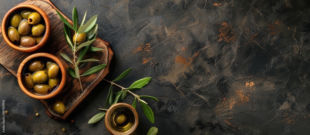 Aufkleber Olives and olive oil in bowls displayed on a cutting board with a top down view suitable for adding text or images on the blank space. with copy space image. Place for adding text or design