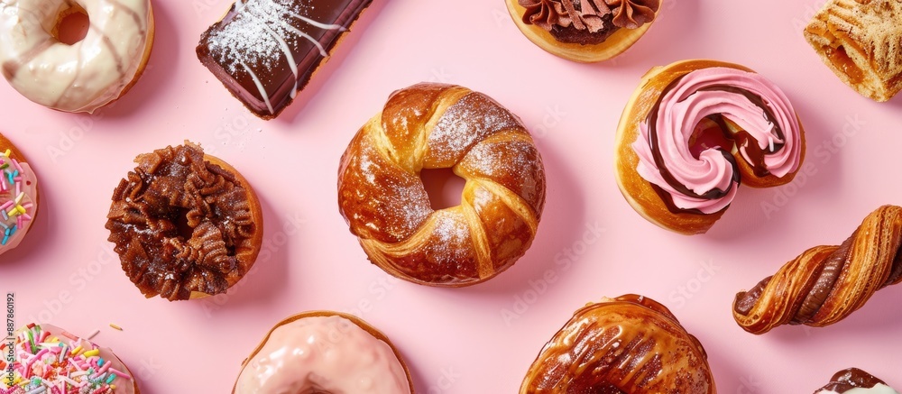 Aufkleber a display of various pastries like a glazed donut pig in a blanket and a chocolate twist set on a pi