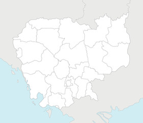 Vector regional blank map of Cambodia with provinces and administrative divisions, and neighbouring countries and territories. Editable and clearly labeled layers.