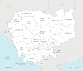 Fototapeta premium Vector regional map of Cambodia with provinces and administrative divisions, and neighbouring countries and territories. Editable and clearly labeled layers.
