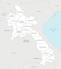 Vector regional map of Laos with provinces and administrative divisions, and neighbouring countries and territories. Editable and clearly labeled layers.