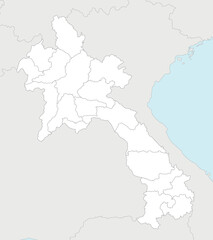 Vector regional blank map of Laos with provinces and administrative divisions, and neighbouring countries and territories. Editable and clearly labeled layers.