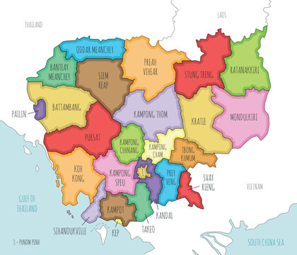 Vector illustrated regional map of Cambodia with provinces and administrative divisions, and neighbouring countries and territories. Editable and clearly labeled layers.