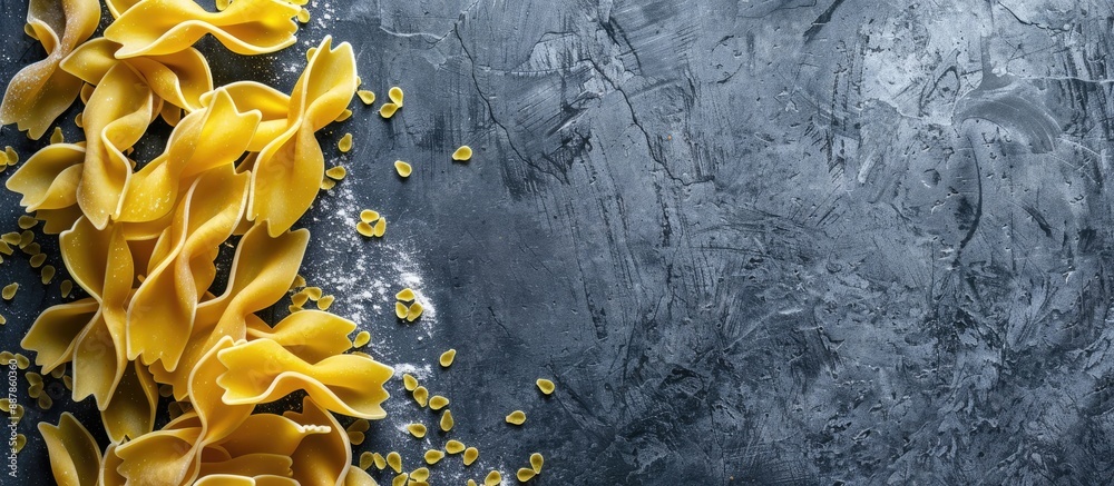 Fototapete uncooked pasta displayed on a rustic background with copy space image