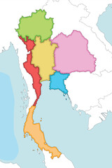 Vector illustrated blank map of Thailand with regions and administrative divisions, and neighbouring countries and territories. Editable and clearly labeled layers.