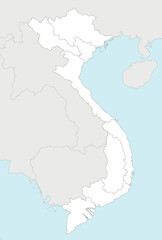 Vector blank map of Vietnam with regions and administrative divisions, and neighbouring countries and territories. Editable and clearly labeled layers.