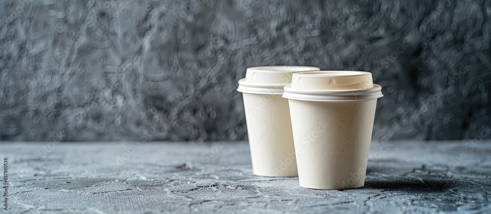 Aufkleber Front view of two white takeaway cups of tea or coffee on a concrete surface with a copy space image