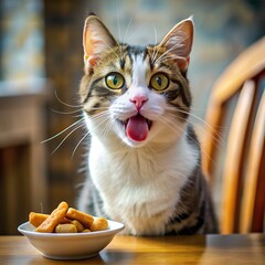 the cat is sitting with its tongue out in front of a bowl that has been placed in front of it