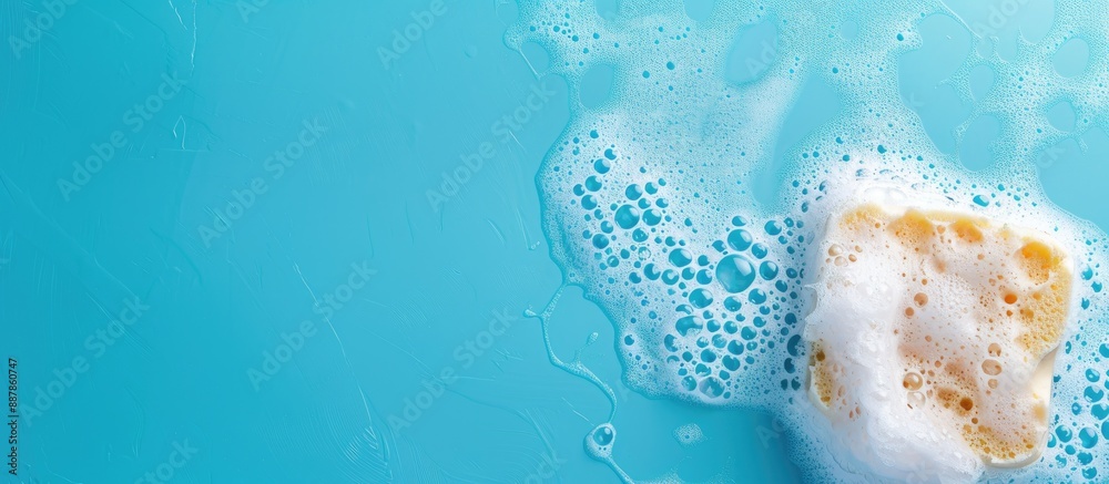 Poster Cleaning sponge with soapy foam on a blue background conveying a cleaning concept Banner layout with a top view perspective and copy space image