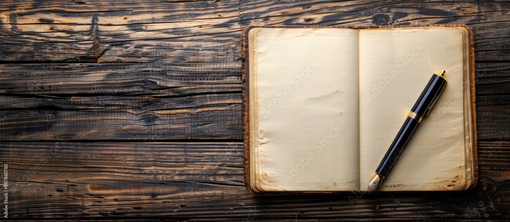 Poster Wooden background showcasing an open notebook with a pen providing copy space image