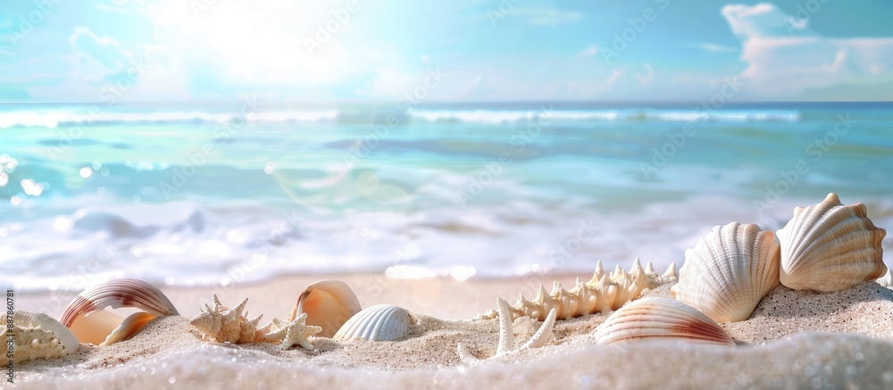 Poster Sandy beach adorned with seashells creating a picturesque summer scene with a copy space image