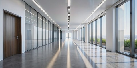 Sleek modern corridor features gleaming floors, white walls, and a striking minimalist design, illuminated by a flood of natural light pouring in from ceiling-high windows.