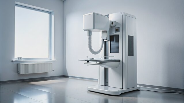 High-tech mammography machine with advanced digital display and adjustable compressor, set against a minimalist white background, ready for a medical examination.
